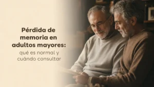 Portada: dos hombres adultos mayores en un hogar cálido conversando con calma, luz natural dorada, pérdida de memoria en adultos mayores y cuándo consultar