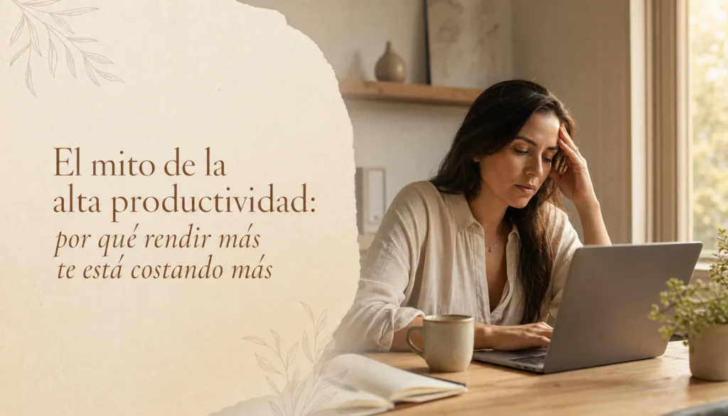 Mujer colombiana en su escritorio junto a una ventana, reflexionando sobre la alta productividad y el agotamiento laboral