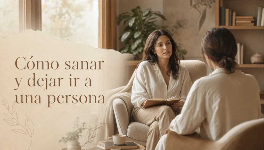 Mujer adulta en un consultorio cálido reflexionando sobre cómo sanar y dejar ir a una persona