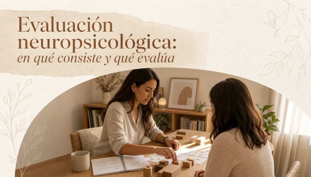 Evaluación neuropsicológica realizada por una profesional a una persona adulta en un consultorio cálido